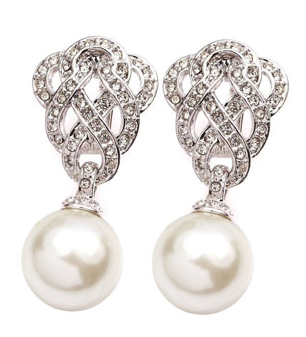 FC JORY Vintage White Gold Plated Crystal Pearl Drop Dangle Filigree Knot Earring - CV11OG93YCT