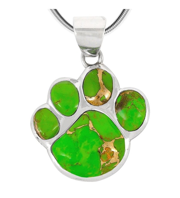 Dog Paw Pendant Necklace in 925 Sterling Silver with Genuine Turquoise (20" Length) - Green Turquoise - CT189XWAGT0