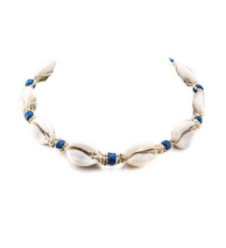 Hemp Choker Necklace with Cowrie Shells and Blue Fimo Beads - C01842LKEX7