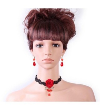 Meiysh Black red Rose Flower Lace Gothic Lolita Beads Pendant Choker Necklace Set - CJ129UQULSH