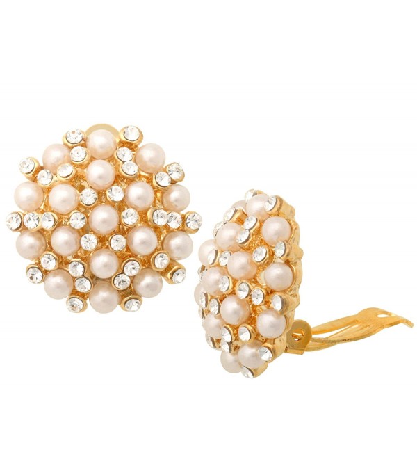 JanKuo Jewelry Gold Plated Vintage Style Simulated Pearls with Crystal Stones Clip On Earrings - C911B5M81U5