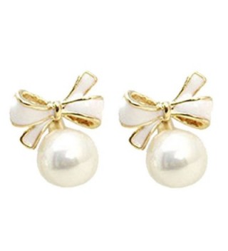 White Color Bowknot Dropearrings Simulation Pearl Ear Clip On Earrings No Pierced Earrings for Women - CK183NUWKCO