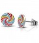 Steel Rainbow Spiral Lollipop Candy Circle Round Button Stud Post Earrings - C9188S02TSR