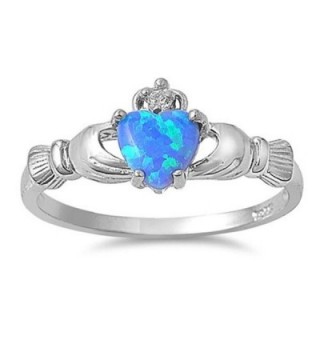 9MM .925 Sterling Silver BLUE LAB CREATED OPAL IRISH Claddagh (2 HANDS) Ring3-10 - CN110IDV5BT