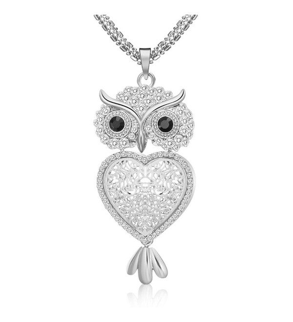 29" Vintage Night Owl Heart Pendant Necklace Rhinestone Alloy Long Chain Silver Plated - Silver - C1188N8RWOG