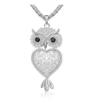 29" Vintage Night Owl Heart Pendant Necklace Rhinestone Alloy Long Chain Silver Plated - Silver - C1188N8RWOG