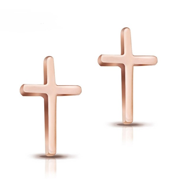 14K Rose Gold Plated Stainless Steel Stud Earrings- A Pair Cross Tiny 12mm Stud Earrings RE026 - CJ12N296T9Q