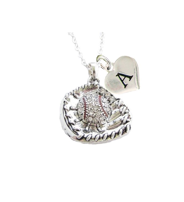 Custom Crystal Baseball Glove Ball Silver Chain Necklace Choose Initial Charm - C112N1WIFD8