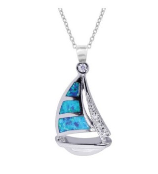 Sterling Silver Sail Boat Sailboat Charm Necklace Lab Created Opal (16-18-20-24 Inches) - C3185H5ISR6
