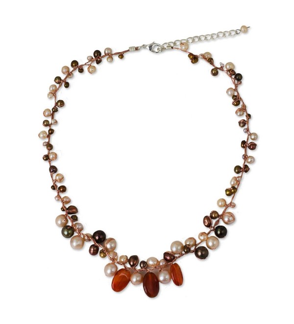 NOVICA Carnelian Cultured Freshwater Pearls Sterling Silver Plated Beaded Necklace 'Cinnamon Rose' - C011G3W0OBV