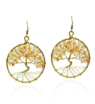 Eternal Tree of Life Yellow Citrine Stone Branch Brass Dangle Earrings - CC12HUG8RQR