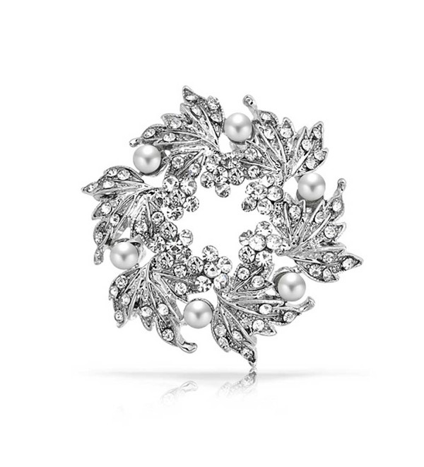 Bling Jewelry Simulated Pearl Flower Crystal Wreath Brooch Rhodium Plated - CA11BHNX82X