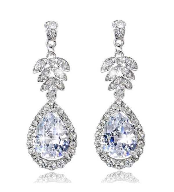 EVER FAITH Wedding Silver-Tone Flower Leaf Teardrop Clear Zircon Dangle Earrings Crystal - CZ11BGDNO5P