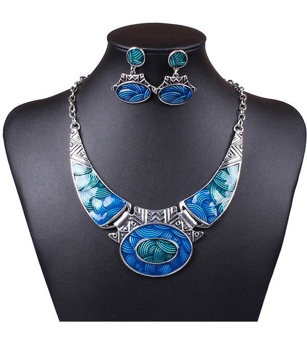 SDLM Luxury Indian Vintage Costume Jewelry Chunky Collar Resin Necklace Stud Earring Set - Blue - C912N23Q70E