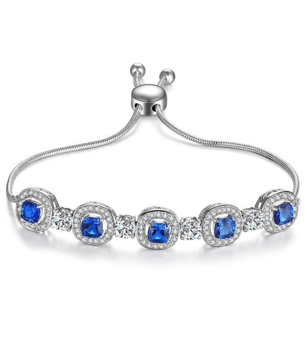 Caperci Sterling Silver Cushion-Cut Created Blue Sapphire Adjustable Bolo Bracelets for Women- 9'' - CI185LC9OCR