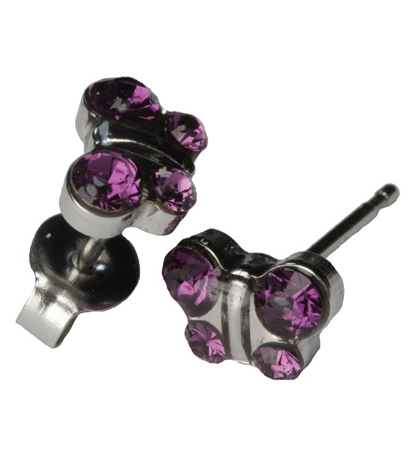 Butterfly Stud Earrings Purple February Crystal Studex Sensitive Stainless Steel - CD11Q0FI7ZB